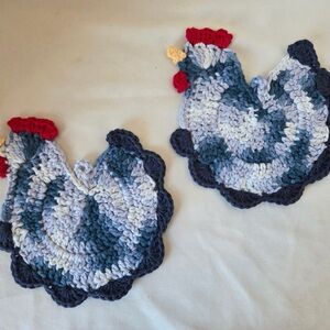 Set Of 2 Handmade Crocheted Chicken Trivets Blue Red